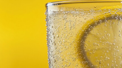 Canvas Print - A refreshing glass of sparkling water with a lemon slice against a bright yellow background.