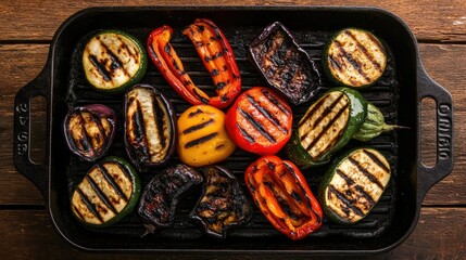 Wall Mural - A cast iron grilling pan filled with colorful, perfectly grilled vegetables. The char marks on peppers, zucchini, and eggplant stand out. Top-down view.