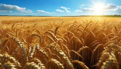 Wall Mural - Lush golden wheat field bathed in sunlight beneath a vivid blue sky, embodying the essence of harvest and rural agriculture