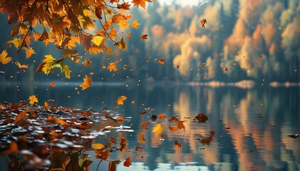 Wall Mural - Autumn leaves cascading around a tranquil lake, embodying the beauty of seasonal change and the importance of nature preservation