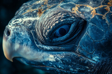 Underwater macro shot of a leatherback turtle’s eye