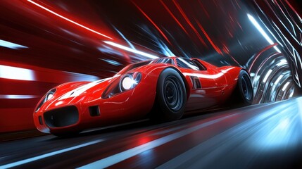 Wall Mural - A sleek red sports car racing through a vibrant, illuminated tunnel.