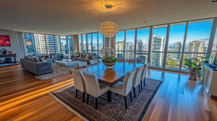 Sticker - A modern living space with a dining area, large windows, and city views.