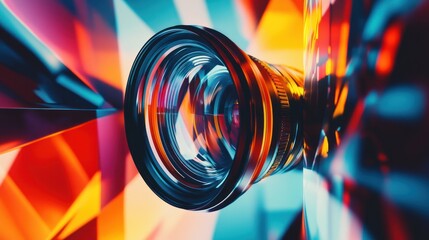 Wall Mural - A close-up of a camera lens surrounded by vibrant, colorful light patterns.