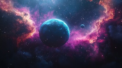 Wall Mural - A cosmic view of planets over colorful nebulae, with distant stars shining in the background, creating a stunning space scene