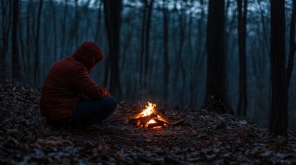 Wall Mural - A solitary figure sits by a fire in a dark, wooded area, evoking a sense of calm and reflection.