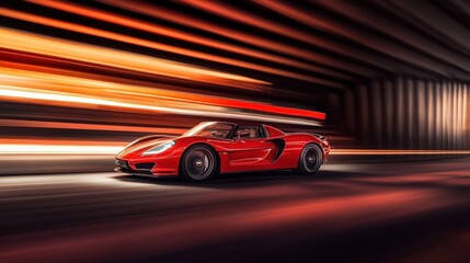 Canvas Print - A sleek red sports car speeds through a dynamic, illuminated tunnel.