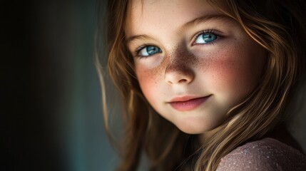 Wall Mural - A close-up portrait of a girl with freckles and blue eyes, conveying innocence and curiosity.