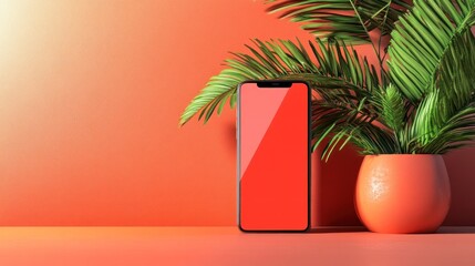 Sticker - A smartphone beside a potted plant on a vibrant orange background.