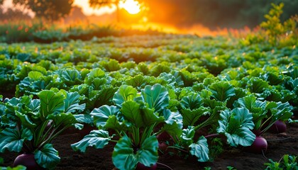 Vibrant beetroot vegetable garden bathed in sunrise light, showcasing healthy green plants thriving in rich soil, celebrating agriculture and organic farming