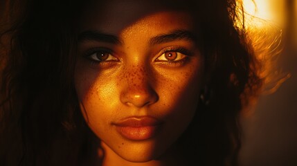 Poster - A close-up portrait of a young woman with striking features and warm lighting.