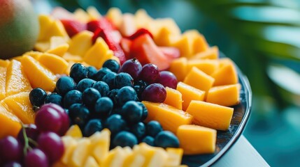 Sticker - A vibrant fruit platter featuring mango, berries, and strawberries, perfect for a healthy snack.