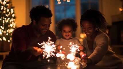 Sticker - A joyful family celebrating with sparklers in a cozy, decorated living room.