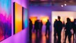 © BerkahStock - A vibrant art gallery showcasing colorful abstract paintings and silhouettes of visitors.