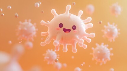 A cute, cartoonish virus character smiling amidst other similar microbes in a colorful background.