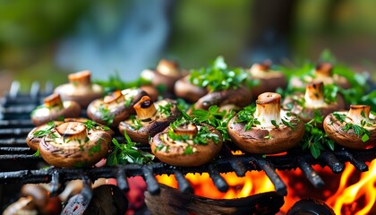 Savory grilled mushrooms on a barbecue adorned with fresh herbs, celebrating outdoor cooking and the essence of healthy vegetarian cuisine