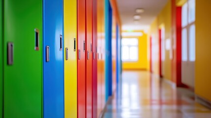 Poster - A colorful hallway lined with lockers in a school setting.