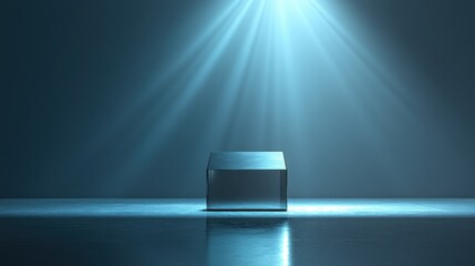 Sticker - A minimalist scene featuring a reflective box illuminated by soft, dramatic lighting.