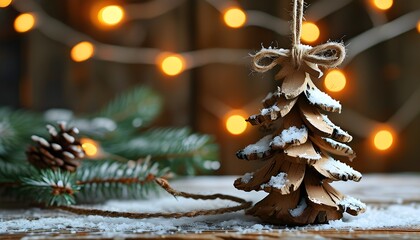 Wall Mural - Rustic wooden Christmas tree ornaments hanging on twine with sparkling bokeh lights, embodying the spirit of handmade holiday decorations and winter festivities.