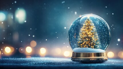 Wall Mural - shiny christmas tree in snow globe blue bokeh background. banner.