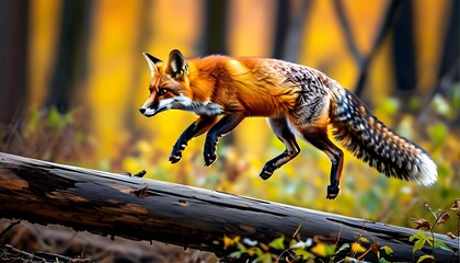 Wall Mural - Agile red fox leaping gracefully over a fallen log amidst vibrant autumn foliage in a serene forest setting