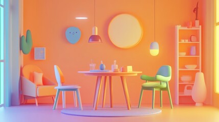 Sticker - A colorful, modern dining area featuring a round table, chairs, and vibrant decor.