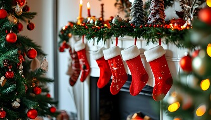 Festive Christmas scene with red stockings on a decorated mantel and a beautifully adorned tree, creating a cozy holiday atmosphere