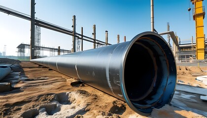 Wall Mural - Industrial plumbing infrastructure with large black pipes at a construction site featuring unfinished buildings