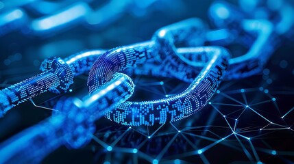 Digital chain represents the security of data interconnectivity the blue link glow with code pattern connected to a network of blue dots glowing a great representation of the digital world of security