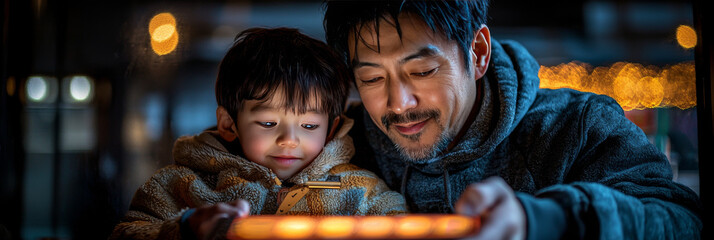 A father and his son look at a glowing screen.