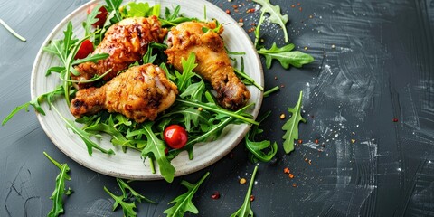 Poster - Crispy fried chicken legs accompanied by arugula on a pale dish.