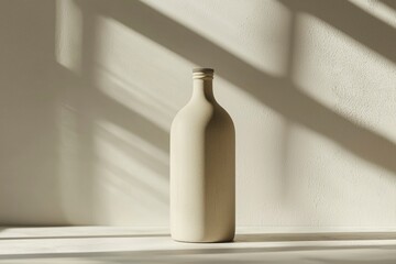 Sticker - A Beige Bottle on a White Surface with Light Streaming Through a Window