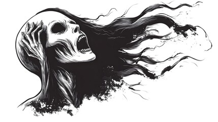 A banshee in mid-scream, holding a Halloween mask, dark and haunting style, detailed vector art, isolated on white background