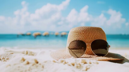 Wall Mural - Straw_hat_and_sunglasses_on_beach