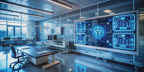 A modern hospital's computer network security system is being developed on a futuristic screen, displayed with codes, diagrams, and circuits, highlighting digital technology.