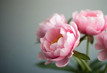 Wall Mural - Soft pink peonies bloom gracefully, showcasing their delicate petals against blurred background, evoking sense of tranquility and beauty