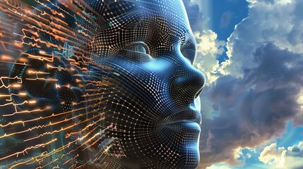 Wall Mural - digital representation of a human face, constructed of lines and points, against a backdrop of swirl