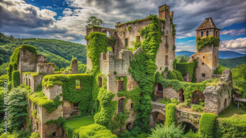 Ancient castle with crumbling stone walls and overgrown vines ...