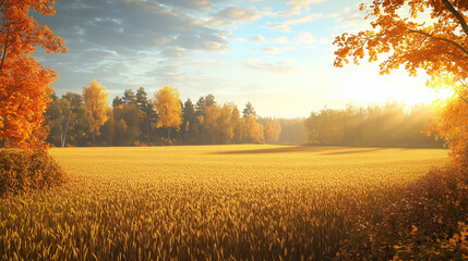 Autumn Equinox scene, golden fields with vibrant trees in the background, Soft sunlight with long shadows, Balance of light and dark as day and night equalize, Calm and peaceful autumn atmosphere