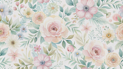  Soft pastel hues dance across a seamless vector flower pattern, featuring delicate watercolor blooms and subtle texture, creating a serene and whimsical background design.