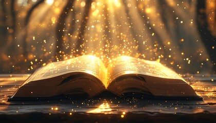 Ethereal glow of an open book on a wooden table, illuminated by golden rays, surrounded by floating magical particles