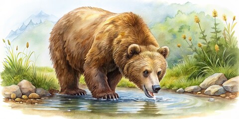 In a whimsical illustration, a brown bear playfully bends to taste the cool, clear water of a babbling