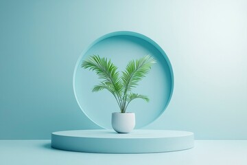 Sticker - A Single Green Plant on a Circular Platform with a Blue Background