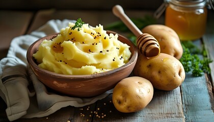 Wall Mural - Rustic culinary artistry featuring fresh potatoes, honey, and a bowl of creamy mashed potatoes