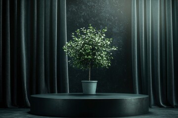 Poster - A Small Green Plant in a Pot on a Circular Platform Against a Dark Background