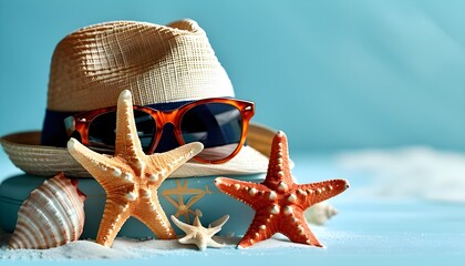 Wall Mural - Seaside Adventure Essentials with Sunglasses, Hats, and Starfish on a Pastel Blue Background