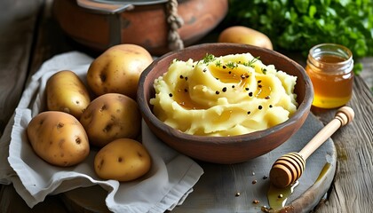 Wall Mural - Rustic culinary artistry featuring fresh potatoes, honey, and a bowl of creamy mashed potatoes