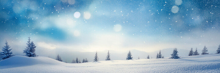 Sticker - Winter landscape with snow covered trees and falling snowflakes. Christmas background.