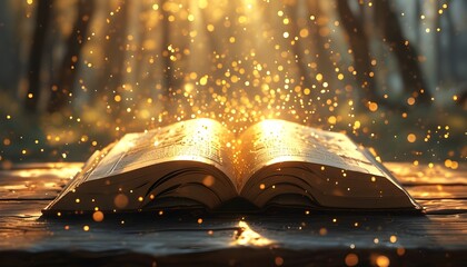 Ethereal glow of an open book on a wooden table, illuminated by golden rays, surrounded by floating magical particles