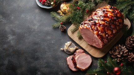 'delicious ham grey table top view space text christmas nner background baked celebration cooked copy cut dinner dish eat eve feast festive flat food fresh glazed epicure holiday homemade ingredient'